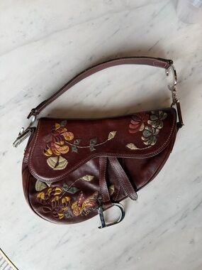 Dior Brown Leather Saddle Shoulder Bag with Multicolor Floral Embroidery